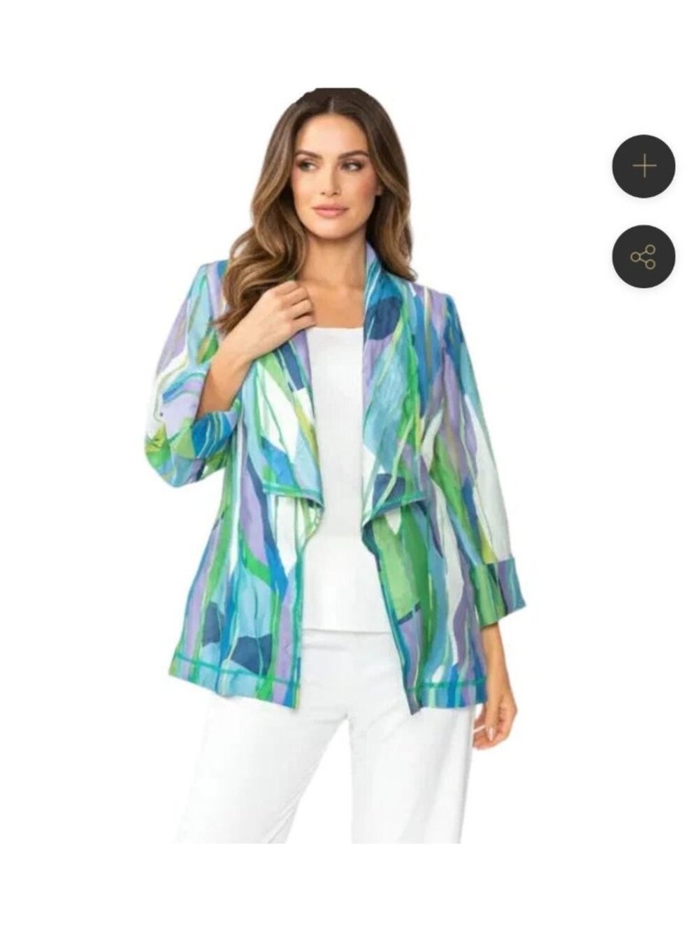 NWT IC Collection Womens Size 3X Green Blue Watercolor Open Front Jacket E31